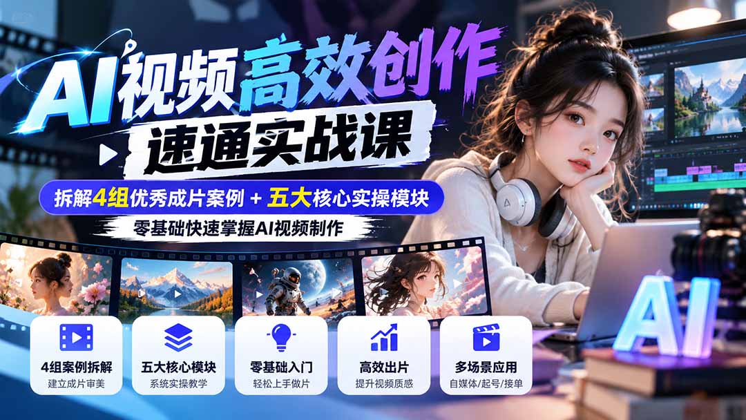 【无水印】AI视频高效创作速通实战课：拆解4组优秀成片案例+五大核心实操模块，零基础快速掌握AI视频制作-MFXUI中国站