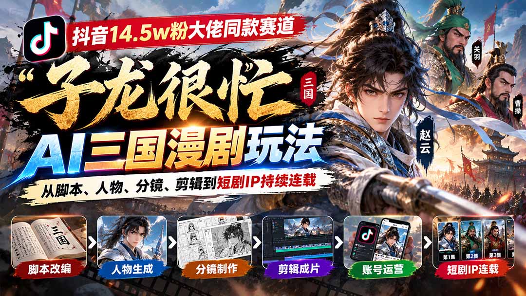 抖音14.5w粉大佬同款赛道「子龙很忙」AI三国漫剧玩法：从脚本、人物、分镜、剪辑到短剧IP持续连载-MFXUI中国站