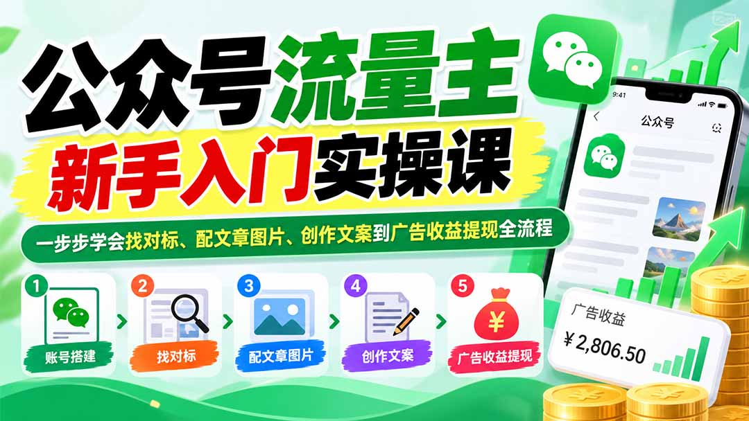 公众号流量主新手入门实操课：一步步学会找对标、配文章图片、创作文案到广告收益提现全流程-MFXUI中国站