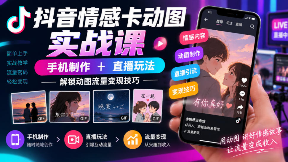 抖音情感卡动图实战课｜手机制作+直播玩法，解锁动图流量变现技巧-MFXUI中国站