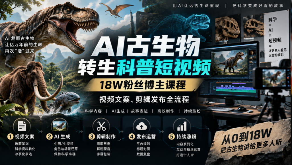 AI古生物转生科普短视频,18W粉丝博主课程,视频文案、剪辑发布全流程-MFXUI中国站