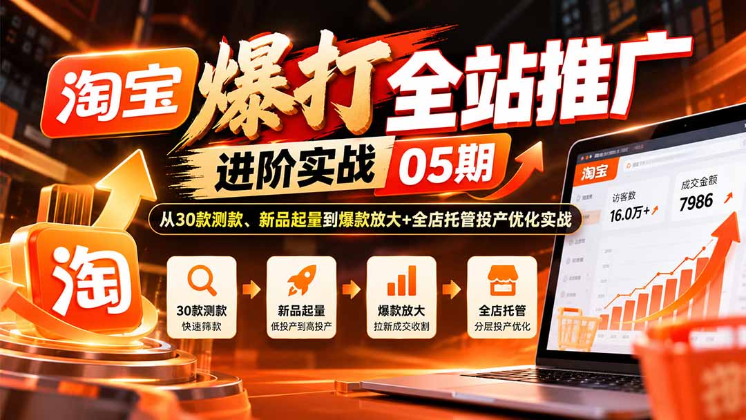 淘宝爆打全站推广进阶实战05期：从30款测款、新品起量到爆款放大+全店托管投产优化实战-MFXUI中国站