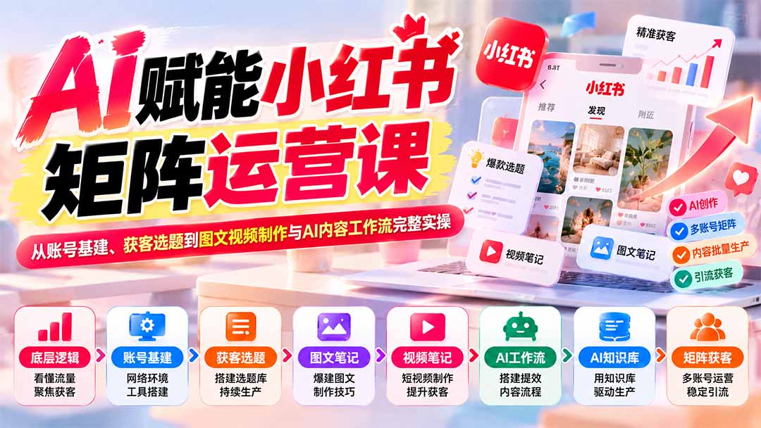 AI赋能小红书矩阵运营课：从账号基建、获客选题到图文视频制作与AI内容工作流完整实操-MFXUI中国站