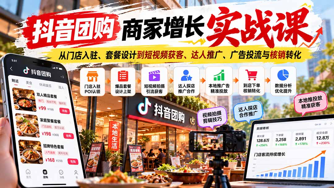 抖音团购商家增长实战课:从门店入驻、套餐设计到短视频获客、达人推广、广告投流与核销转化-MFXUI中国站
