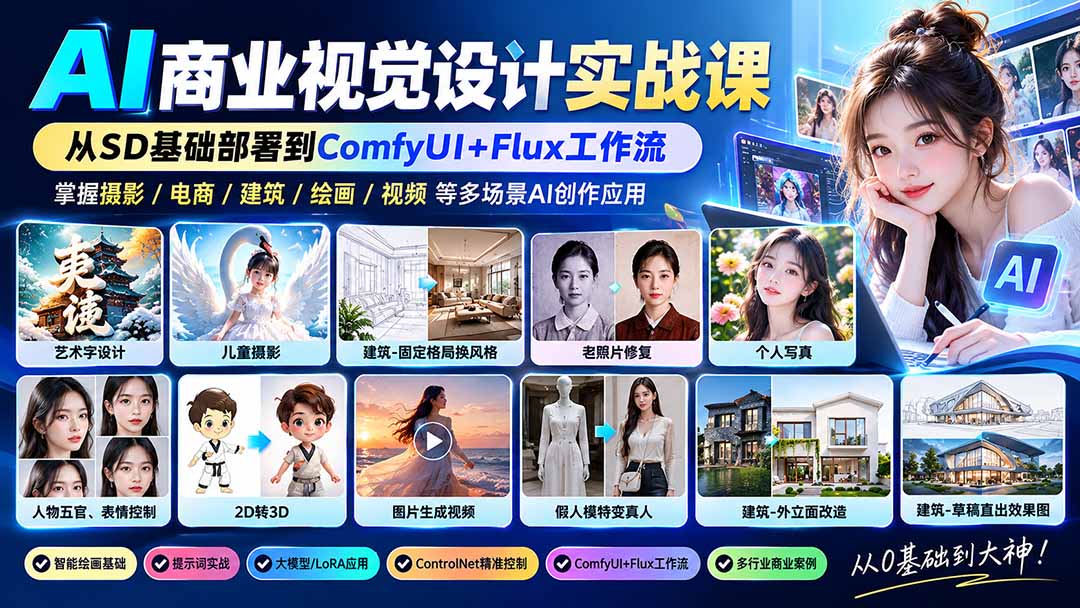 【无水印】AI商业视觉设计实战课：从SD基础部署到ComfyUI+Flux工作流，掌握摄影电商建筑AI创作-MFXUI中国站