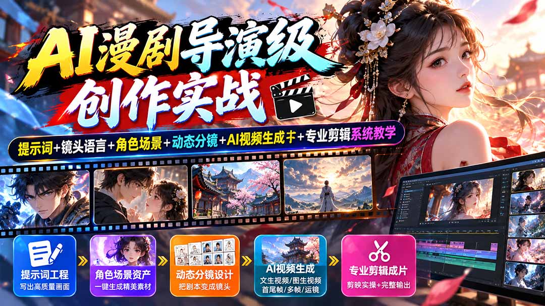 AI漫剧导演级创作实战：提示词+镜头语言+角色场景+动态分镜+AI视频生成+专业剪辑系统教学-MFXUI中国站