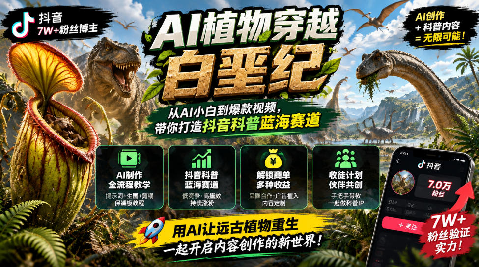 抖音7W粉丝博主的AI植物穿越白垩纪教学，抖音科普蓝海赛道，解锁商单收徒伙伴计划等多种收益-MFXUI中国站