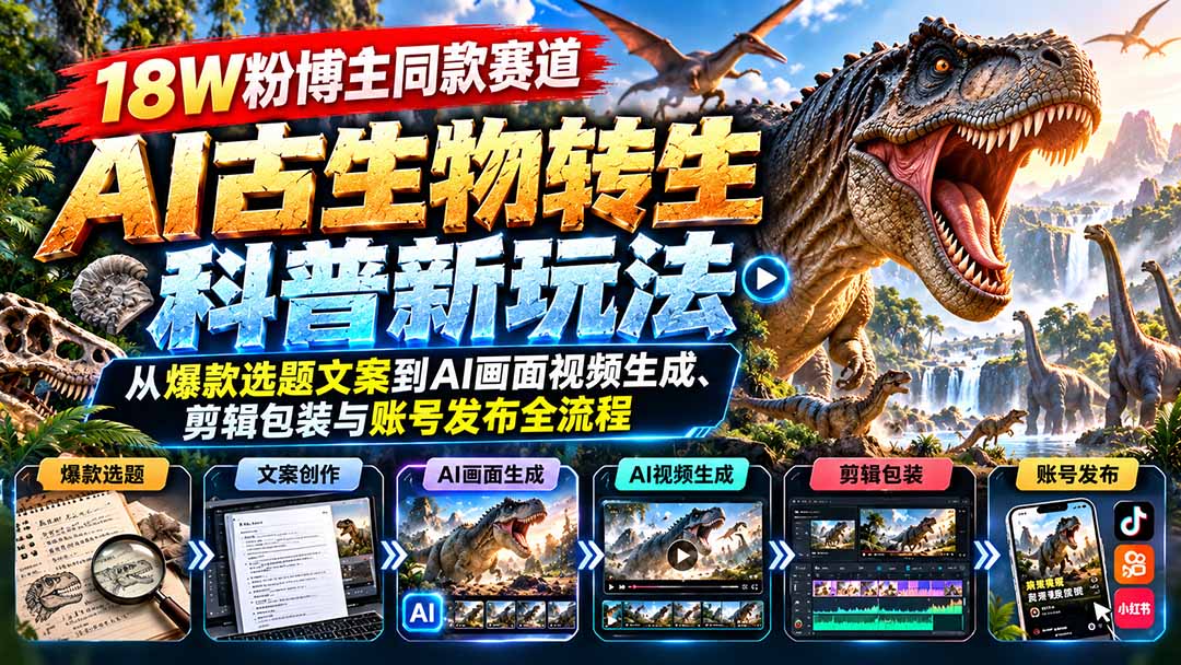 18W粉博主同款赛道-AI古生物转生科普新玩法：从爆款选题文案到AI画面视频生成、剪辑包装与账号发布全流程-MFXUI中国站