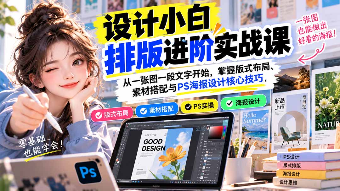 设计小白排版进阶实战课：从一张图一段文字开始，掌握版式布局、素材搭配与PS海报设计核心技巧-MFXUI中国站