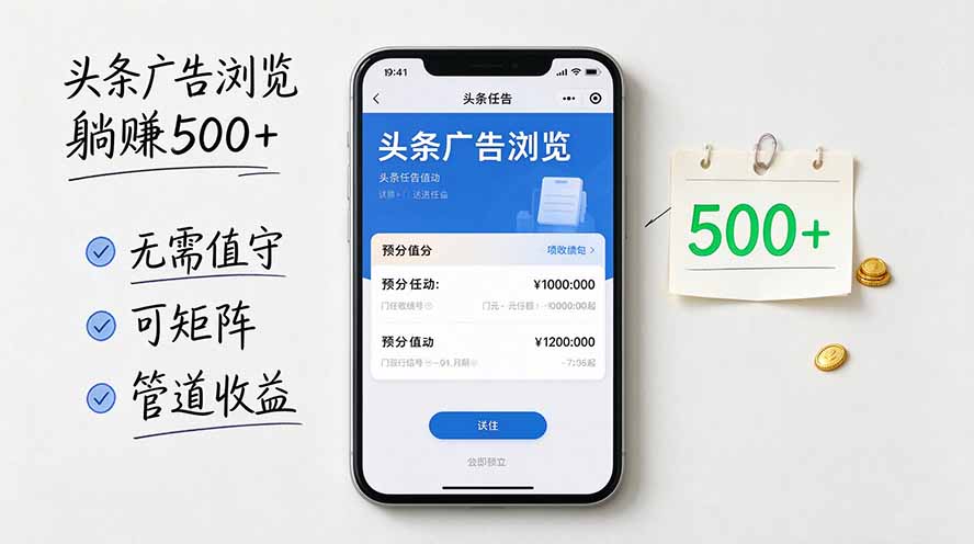 头条广告浏览躺赚500+无需值守，可矩阵并附有管道收益-MFXUI中国站
