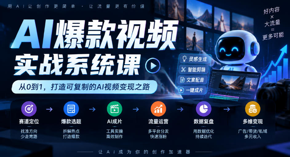 AI爆款视频实战系统课｜赛道定位、爆款选题、AI成片、流量运营、数据复盘、多维变现全链路教学-MFXUI中国站