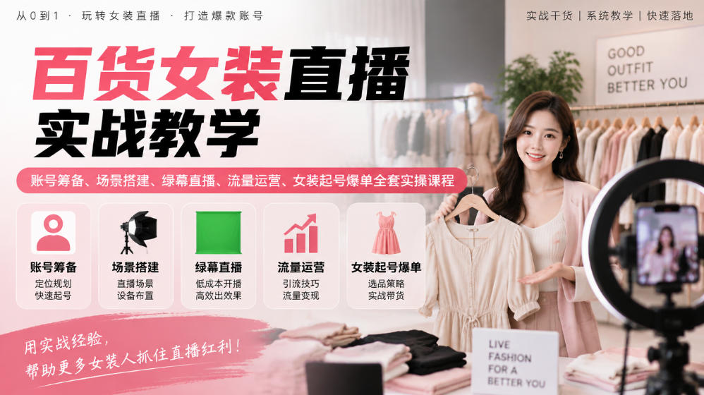 百货女装直播实战教学｜账号筹备、场景搭建、绿幕直播、流量运营、女装起号爆单全套实操课程-MFXUI中国站