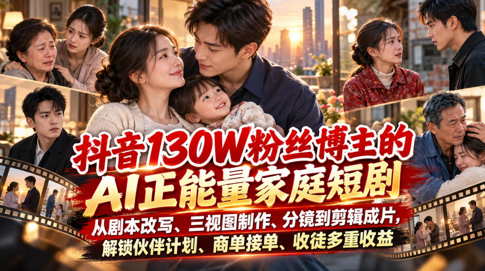 抖音130W粉丝博主的AI正能量家庭短剧，从剧本改写、三视图制作、分镜到剪辑成片，解锁伙伴计划、商单接单、收徒多重收益(更新1007)-MFXUI中国站