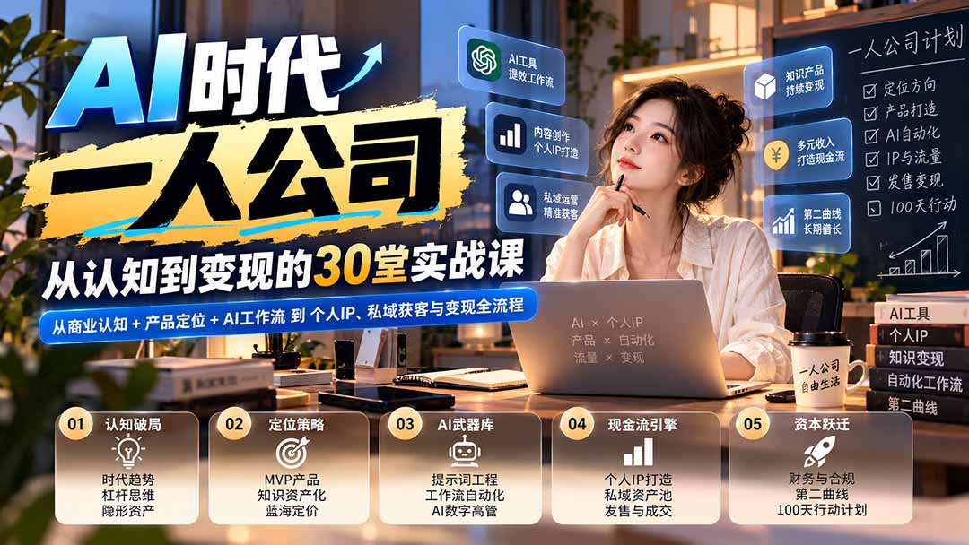 【无水印】AI时代一人公司30堂实战课：从商业认知+产品定位+AI工作流到个人IP、私域获客与变现全流程-MFXUI中国站
