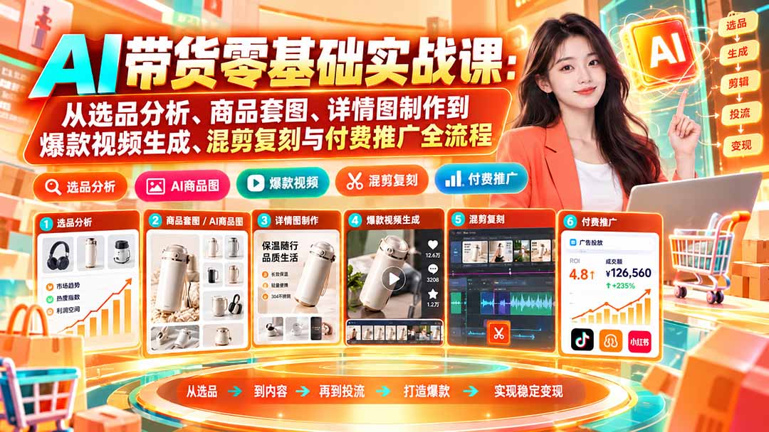 AI带货零基础实战课：从选品分析、商品套图、详情图制作到爆款视频生成、混剪复刻与付费推广全流程-MFXUI中国站