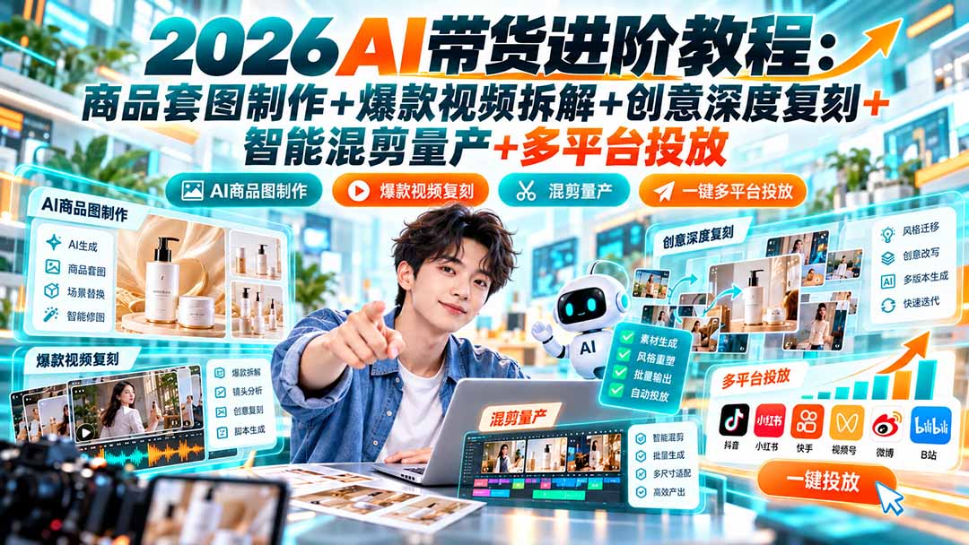 2026AI带货进阶教程：商品套图制作+爆款视频拆解+创意深度复刻+智能混剪量产+多平台投放-MFXUI中国站