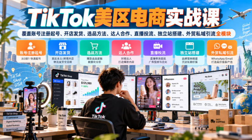 TikTok美区电商实战课，覆盖账号注册起号、开店发货、选品方法、达人合作、直播投流、独立站搭建、外贸私域引流全模块-MFXUI中国站