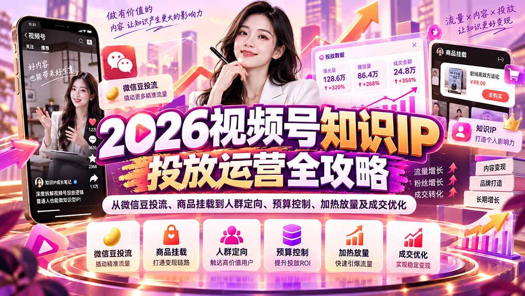 2026视频号知识IP投放运营全攻略：从微信豆投流、商品挂载到人群定向、预算控制、加热放量及成交优化-MFXUI中国站