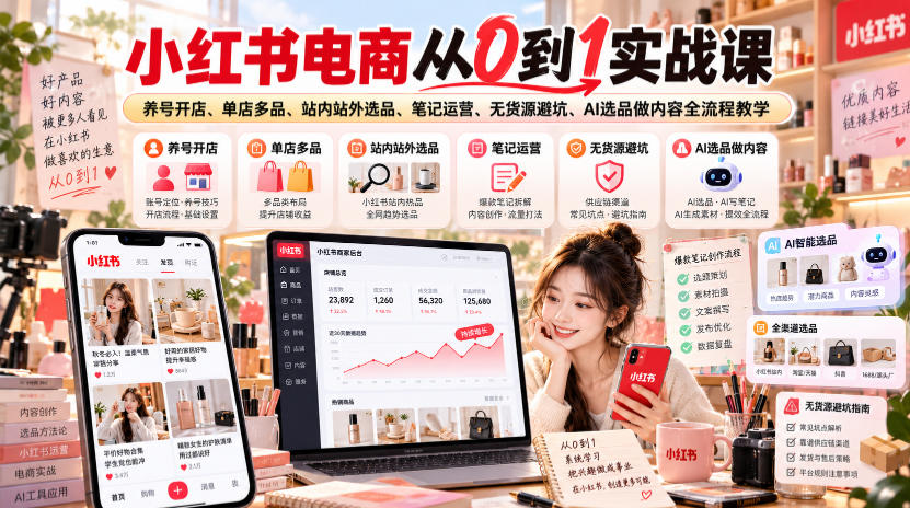小红书电商从0到1实战课｜养号开店、单店多品、站内站外选品、笔记运营、无货源避坑、AI选品做内容全流程教学-MFXUI中国站