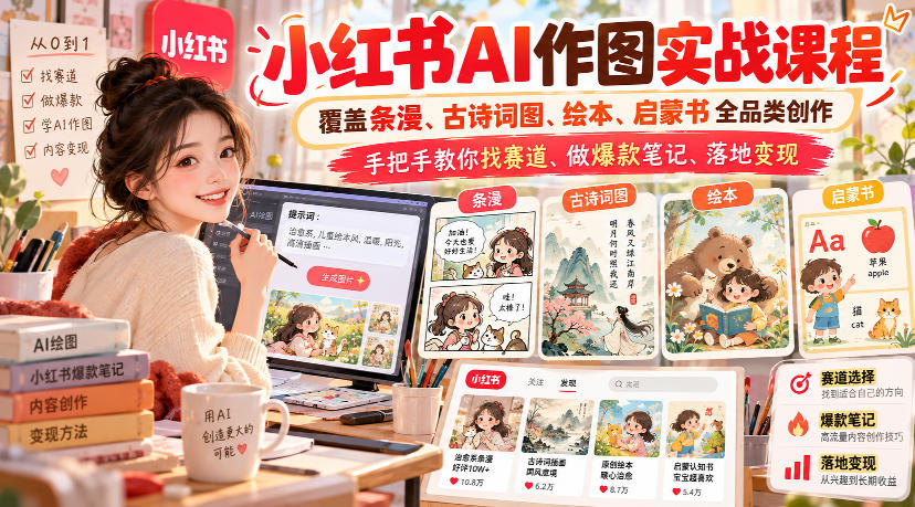 小红书AI作图实战课程，覆盖条漫、古诗词图、绘本、启蒙书全品类创作，手把手教你找赛道、做爆款笔记、落地变现(更新1009)-MFXUI中国站