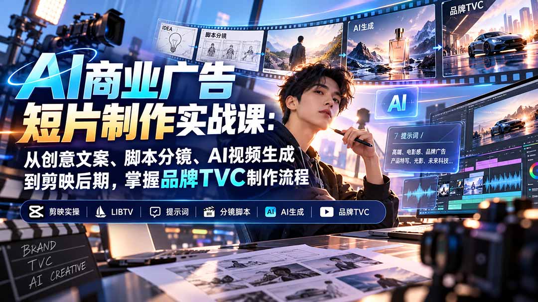 AI商业广告短片制作实战课：从创意文案、脚本分镜、AI视频生成到剪映后期，掌握品牌TVC制作流程-MFXUI中国站