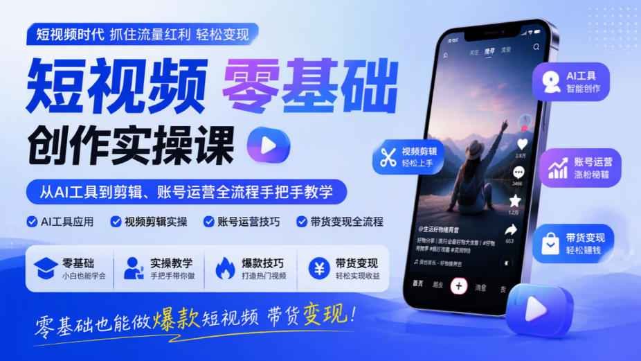 短视频零基础创作实操课，从AI工具到剪辑、账号运营全流程手把手教学，零基础也能做爆款短视频带货变现-MFXUI中国站