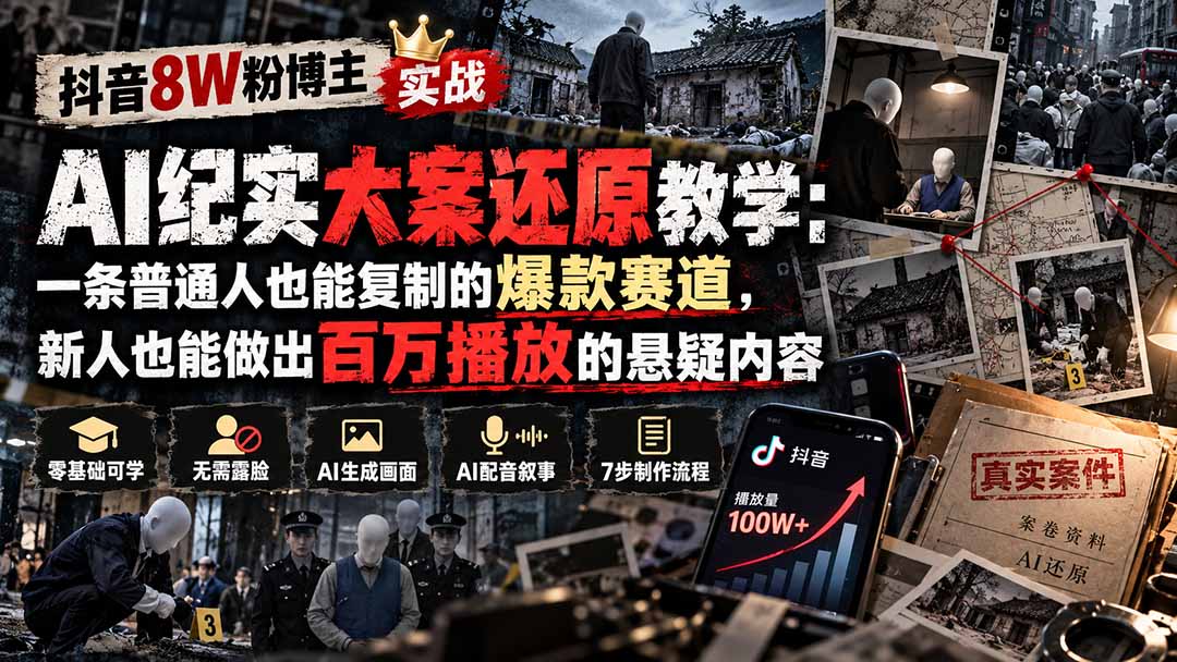 抖音8W粉博主AI纪实大案还原教学:一条普通人也能复制的爆款赛道,新人也能做出百万播放的悬疑内容-MFXUI中国站