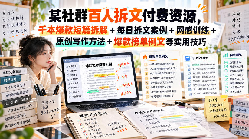 (无水印)某社群百人拆文付费资源，千本爆款短篇拆解+每日拆文案例+网感训练+原创写作方法+爆款榜单例文等实用技巧(更新1009)-MFXUI中国站