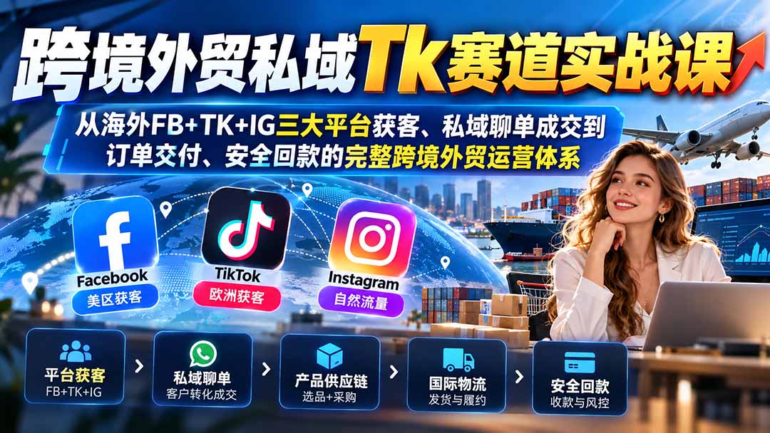 跨境外贸私域Tk赛道实战课：从海外FB+TK+IG三大平台获客、私域聊单成交到订单交付、安全回款的完整跨境外贸运营体系-MFXUI中国站