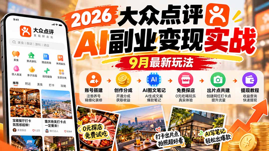 2026大众点评AI副业变现实战9月最新玩法:账号搭建+创作分成+AI图文笔记+免费探店+出片点共建与提现教程-MFXUI中国站