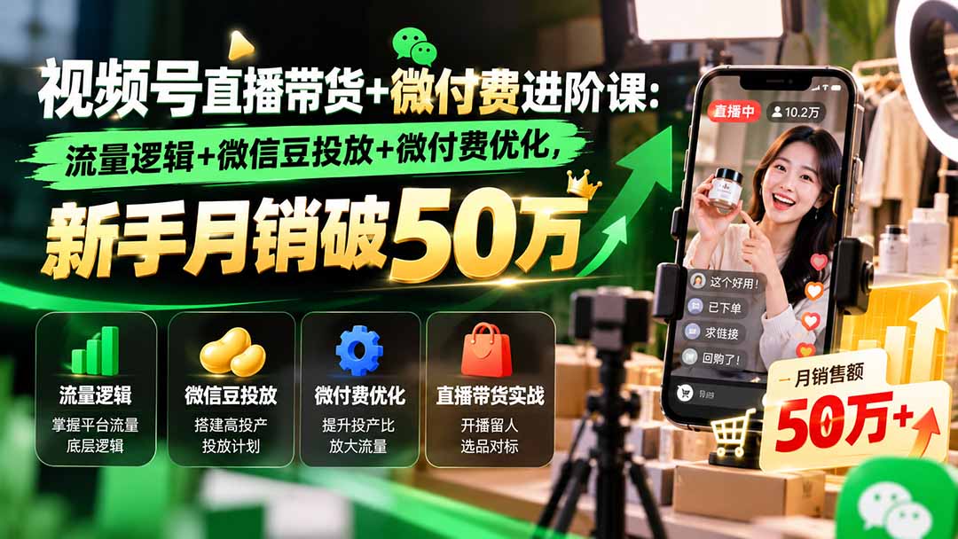 视频号直播带货+微付费进阶课-更新1010：流量逻辑+微信豆投放+微付费优化，新手月销破50万-MFXUI中国站