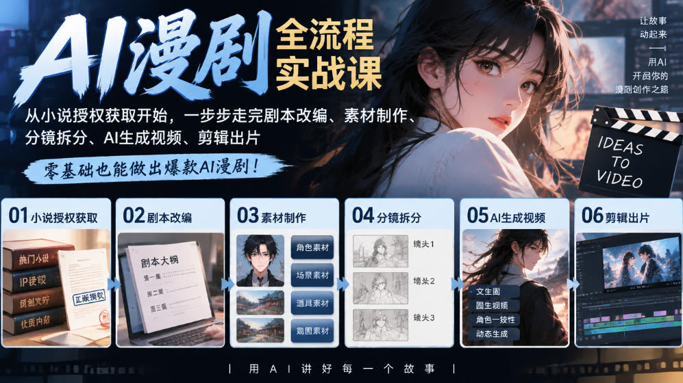 AI漫剧全流程实战课｜从小说授权获取开始，一步步走完剧本改编、素材制作、分镜拆分、AI生成视频、剪辑出片全流程-MFXUI中国站