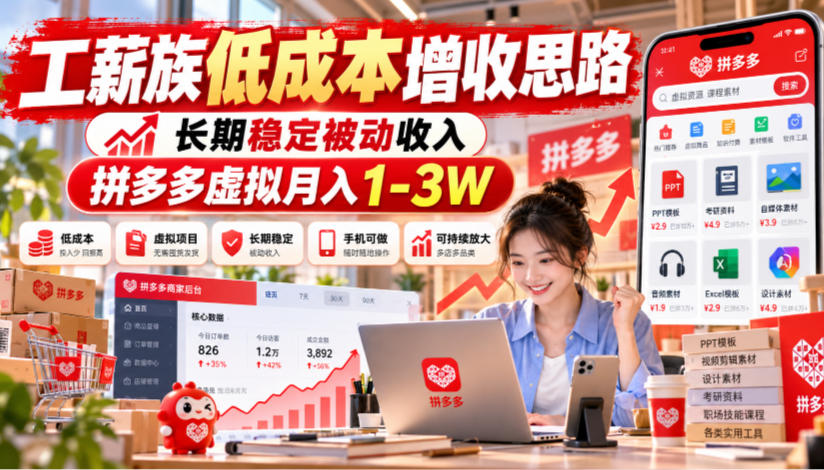 工薪族低成本增收思路，长期稳定被动收入，拼多多虚拟月入1-3W-MFXUI中国站