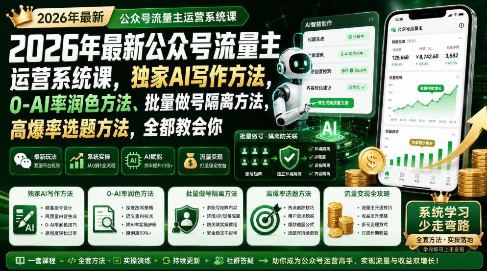 2026年最新公众号流量主运营系统课，独家AI写作方法，0-AI率润色方法、批量做号隔离方法、高爆率选题方法，全都教会你(更新1009)-MFXUI中国站