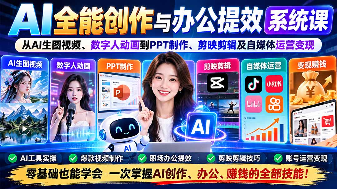 AI全能创作与办公提效系统课：从AI生图视频、数字人动画到PPT制作、剪映剪辑及自媒体运营变现-MFXUI中国站