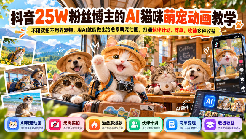 抖音25W粉丝博主的AI猫咪萌宠动画教学，不用实拍不用养宠物，用AI就能做出治愈系萌宠动画，打通伙伴计划、商单、收徒多种收益-MFXUI中国站