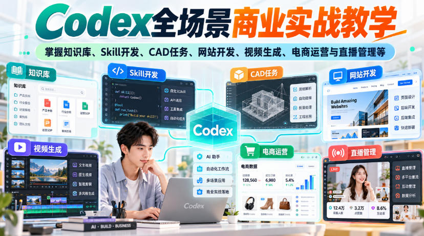 Codex全场景商业实战教学，掌握知识库、Skill开发、CAD任务、网站开发、视频生成、电商运营与直播管理等(更新1010)-MFXUI中国站