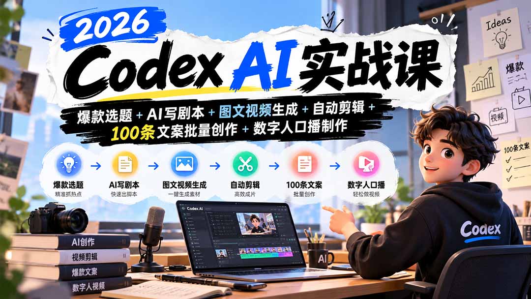 2026Codex AI实战课：爆款选题+AI写剧本+图文视频生成+自动剪辑+100条文案批量创作+数字人口播制作-MFXUI中国站