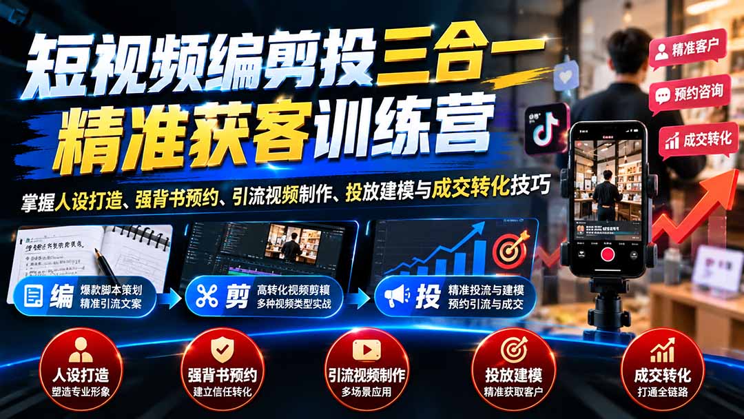 短视频编剪投三合一精准获客训练营：掌握人设打造、强背书预约、引流视频制作、投放建模与成交转化技巧-MFXUI中国站