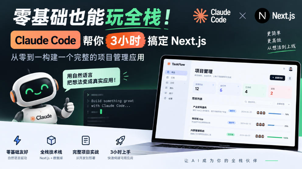 零基础也能玩全栈!Claude Code帮你3小时搞定Next.js,从零到一构建一个完整的项目管理应用【原创双语字幕】-MFXUI中国站