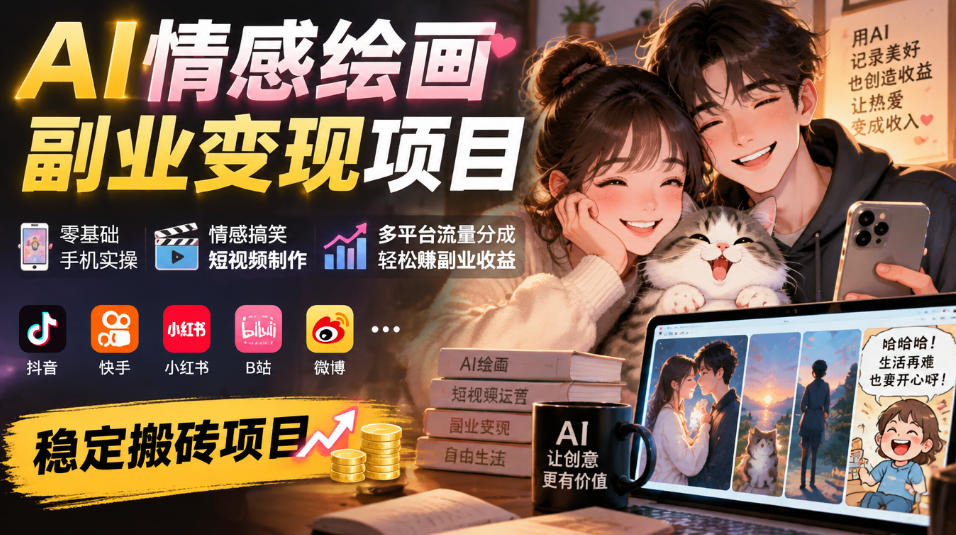 AI情感绘画副业变现项目｜零基础手机实操，情感搞笑短视频制作，多平台流量分成轻松賺副业收益-MFXUI中国站
