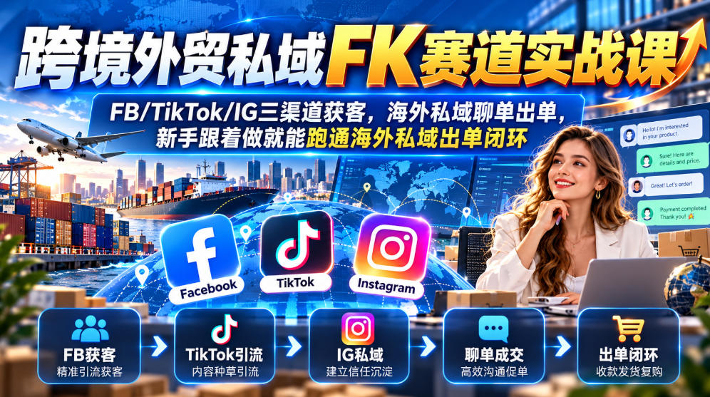 跨境外贸私域FK赛道实战课｜FB/TikTok/IG三渠道获客，海外私域聊单出单，新手跟着做就能跑通海外私域出单闭环-MFXUI中国站