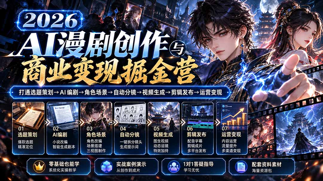【无水印】2026AI漫剧创作与商业变现掘金营：打通选题→AI编剧→角色场景→自动分镜→视频生成→剪辑发布→运营变现-MFXUI中国站