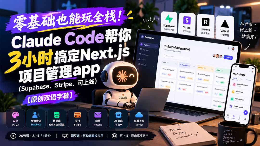 零基础也能玩全栈！Claude Code帮你3小时搞定Next.js项目管理app(Supabase、Stripe、可上线-MFXUI中国站