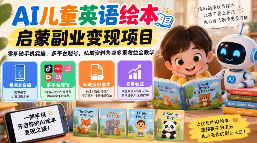 AI儿童英语绘本启蒙副业变现项目,零基础手机实操,多平台起号,私域资料售卖多重收益全教学-MFXUI中国站