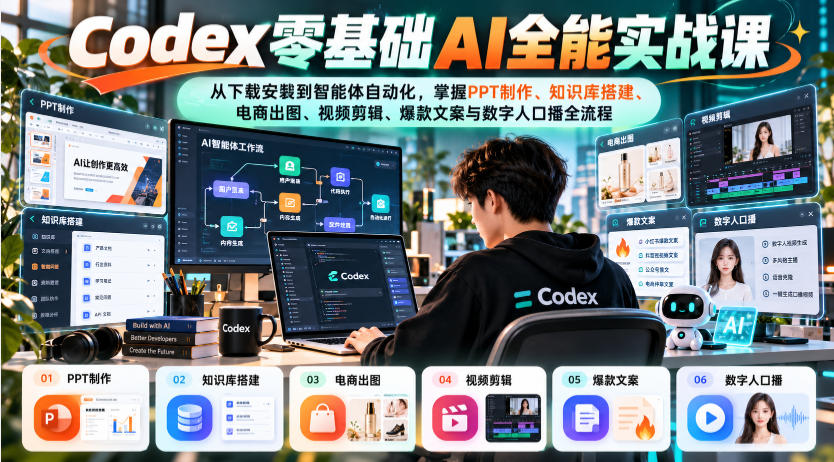 Codex零基础AI全能实战课：从下载安装到智能体自动化，掌握知识库搭建、电商出图、视频剪辑、爆款文案与数字人口播全流程-MFXUI中国站