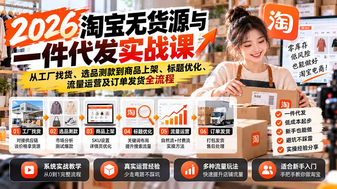 2026淘宝无货源与一件代发实战课：从工厂找货、选品测款到商品上架、标题优化、流量运营及订单发货全流程-MFXUI中国站