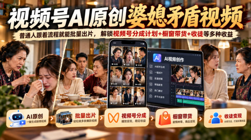视频号ai原创婆媳矛盾视频，普通人跟着流程就能批量出片，解锁视频号分成计划+橱窗带货+收徒等多种收益-MFXUI中国站