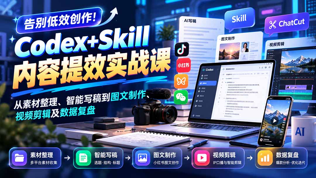 【无水印】告别低效创作！Codex+Skill内容提效实战课：从素材整理、智能写稿到图文制作、视频剪辑及数据复盘-MFXUI中国站