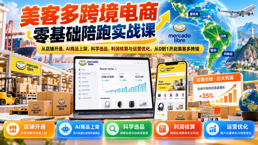 美客多跨境电商零基础陪跑实战课：从店铺开通、AI商品上架、科学选品、利润核算与运营优化，从0到1开启美客多跨境-MFXUI中国站